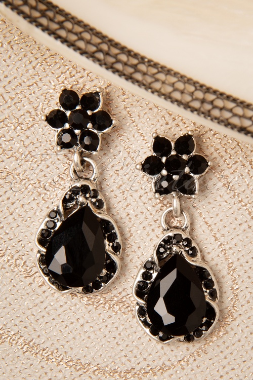 Topvintage Boutique Collection - Flower Stone Drop Earrings Années 50 en Noir et Argenté 3