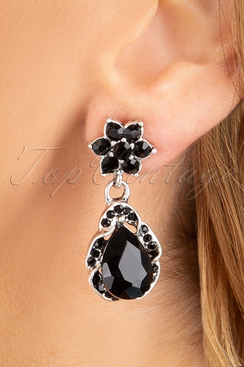 Topvintage Boutique Collection - Flower Stone Drop Earrings Années 50 en Noir et Argenté
