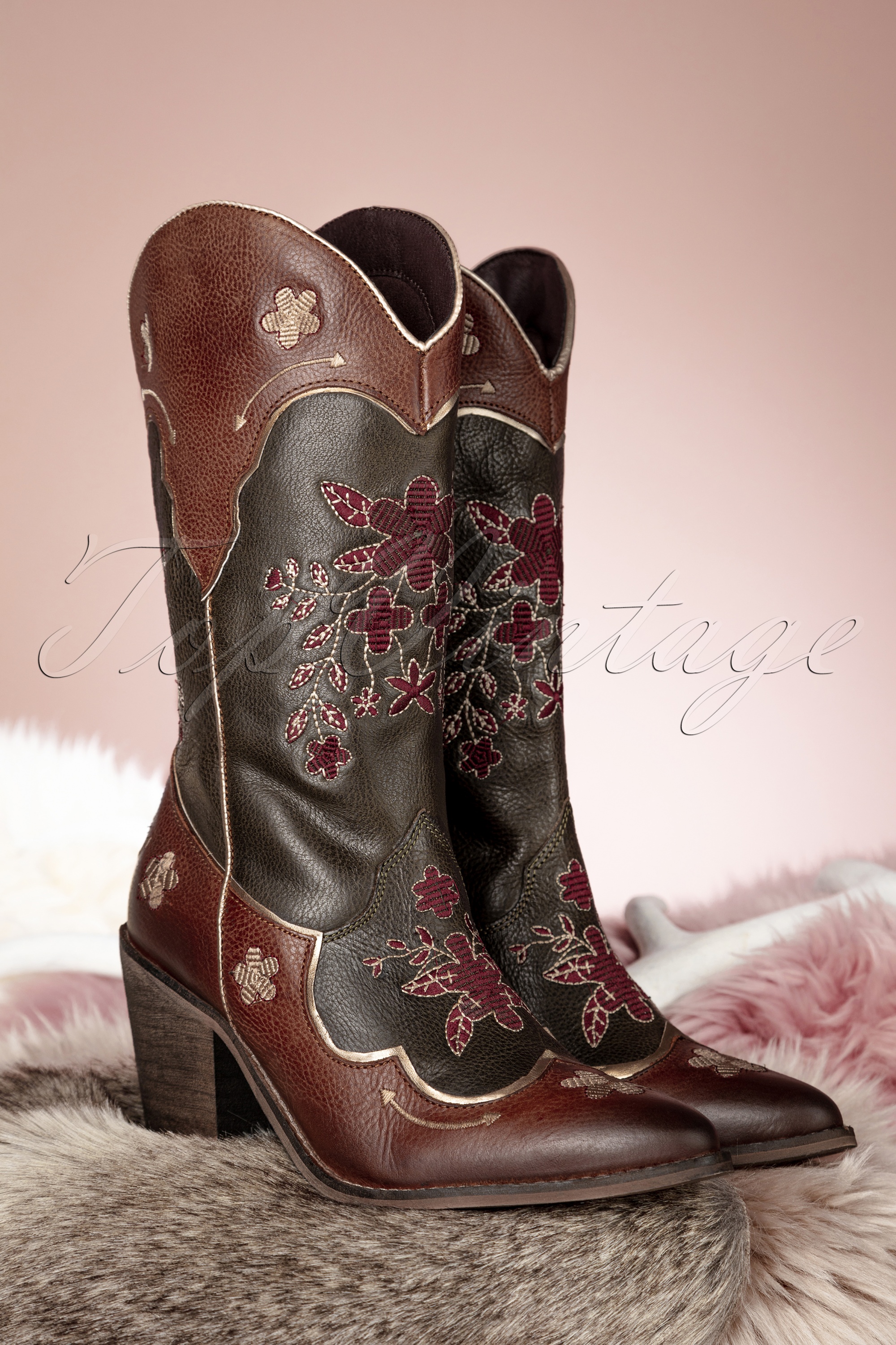 La Pintura - Necka floral western laarzen in bruin en groen 3