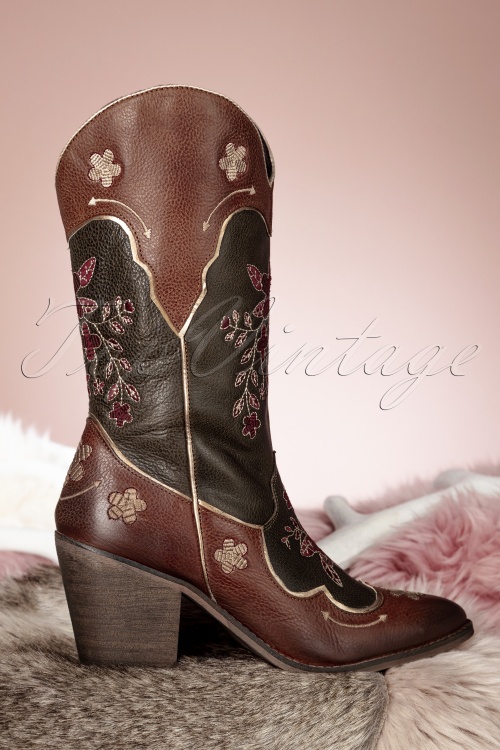 La Pintura - Necka Floral Western Boots Années 70 en Brun et Vert 4