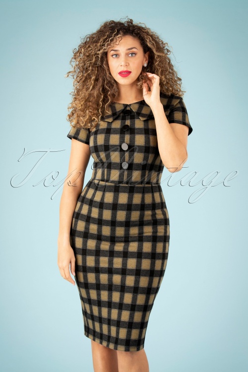 Tatyana - 50s Rita Check Pencil Dress in Beige and Black