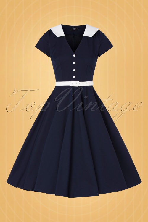Vintage Diva  - De Vallea swing jurk in marineblauw 5