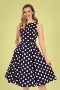 Hearts & Roses - 50s Mia Polkadot Swing Dress in Navy and Cream