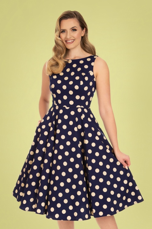 Hearts & Roses - 50s Mia Polkadot Swing Dress in Navy and Cream