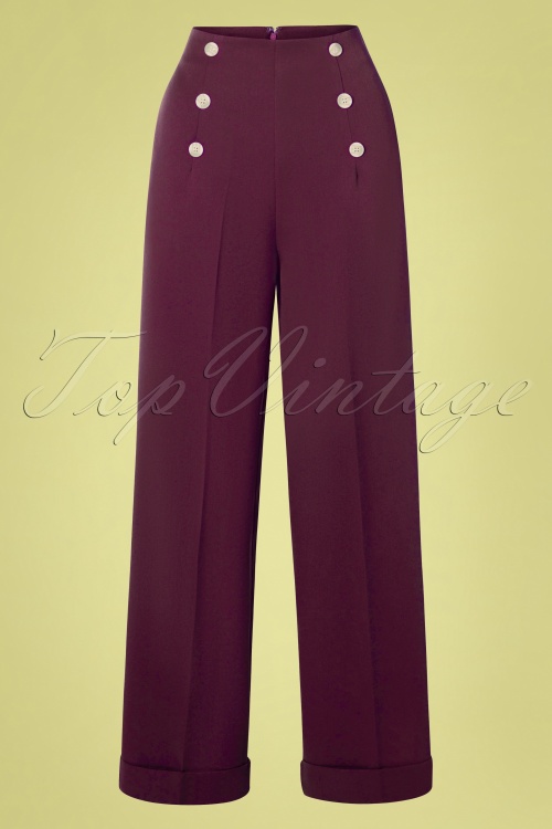 Banned Retro - 40s Day To Night Button Trousers in Burgundy