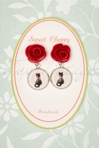 Sweet Cherry - Kitty Cat Rose Earrings Années 50 en Rouge