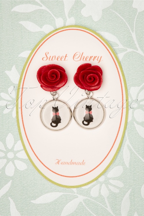 Sweet Cherry - Kitty Cat Rose Earrings Années 50 en Rouge