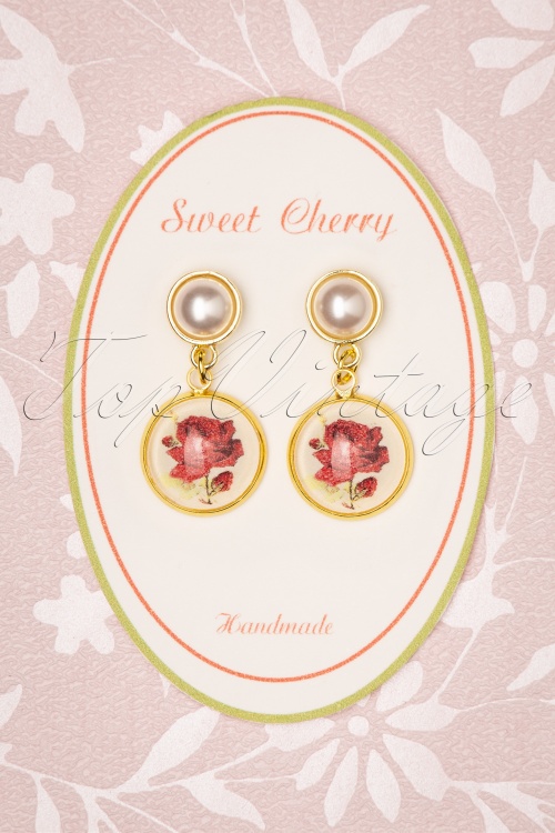 Sweet Cherry - 50s Pearl Roses Earrings in Gold