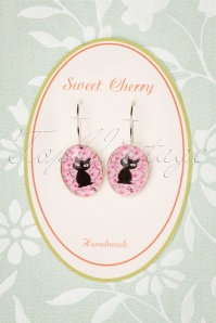 Sweet Cherry - 50s Lucky Black Cat Drop Earrings in Silver and Pink