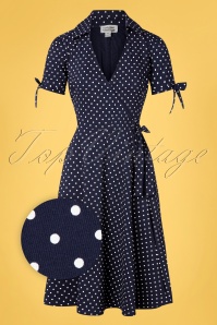 Unique Vintage - Bianca Polkadot Wrap Swing Dress Années 50 en Bleu Marine