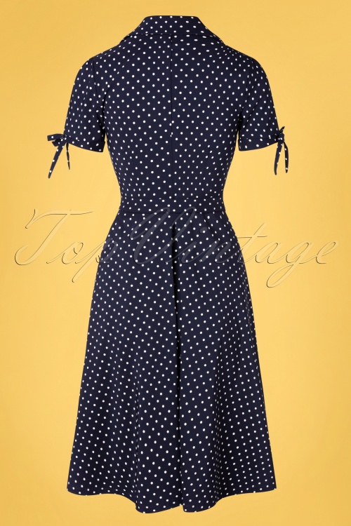 Unique Vintage - Bianca polkadot swing wikkel jurk in marineblauw 5