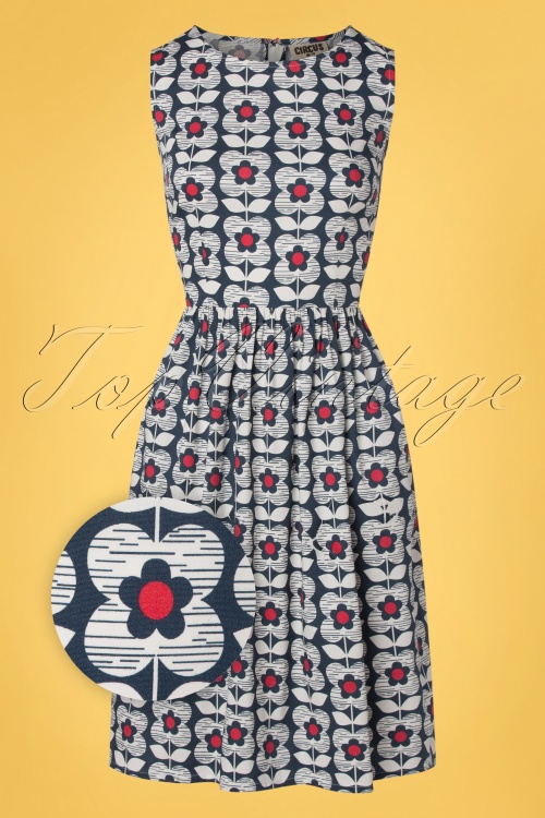 Circus - 60s Gradtile Floral Swing Dress in Navy 2