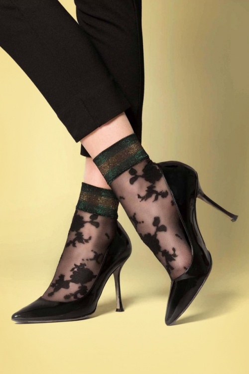 Marcmarcs - Lurex Cuff Flower Socks Années 50 en Noir