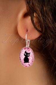 Sweet Cherry - 50s Lucky Black Cat Drop Earrings in Silver and Pink 2