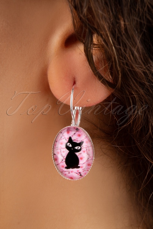 Sweet Cherry - 50s Lucky Black Cat Drop Earrings in Silver and Pink 2
