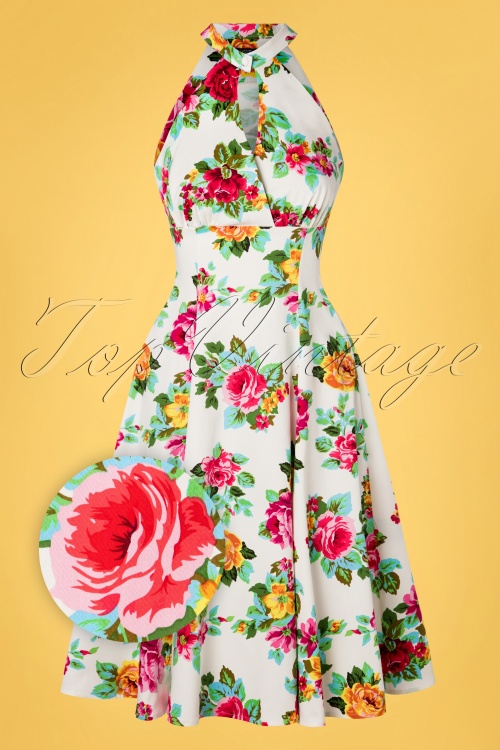 Hearts & Roses - 50s Fae Floral Swing Dress in White 2