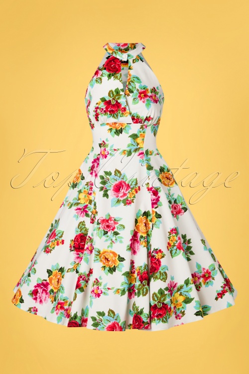 Hearts & Roses - 50s Fae Floral Swing Dress in White 3