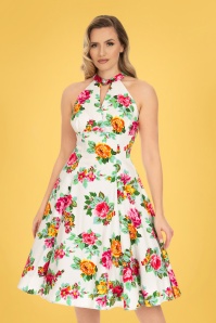 Hearts & Roses - 50s Fae Floral Swing Dress in White