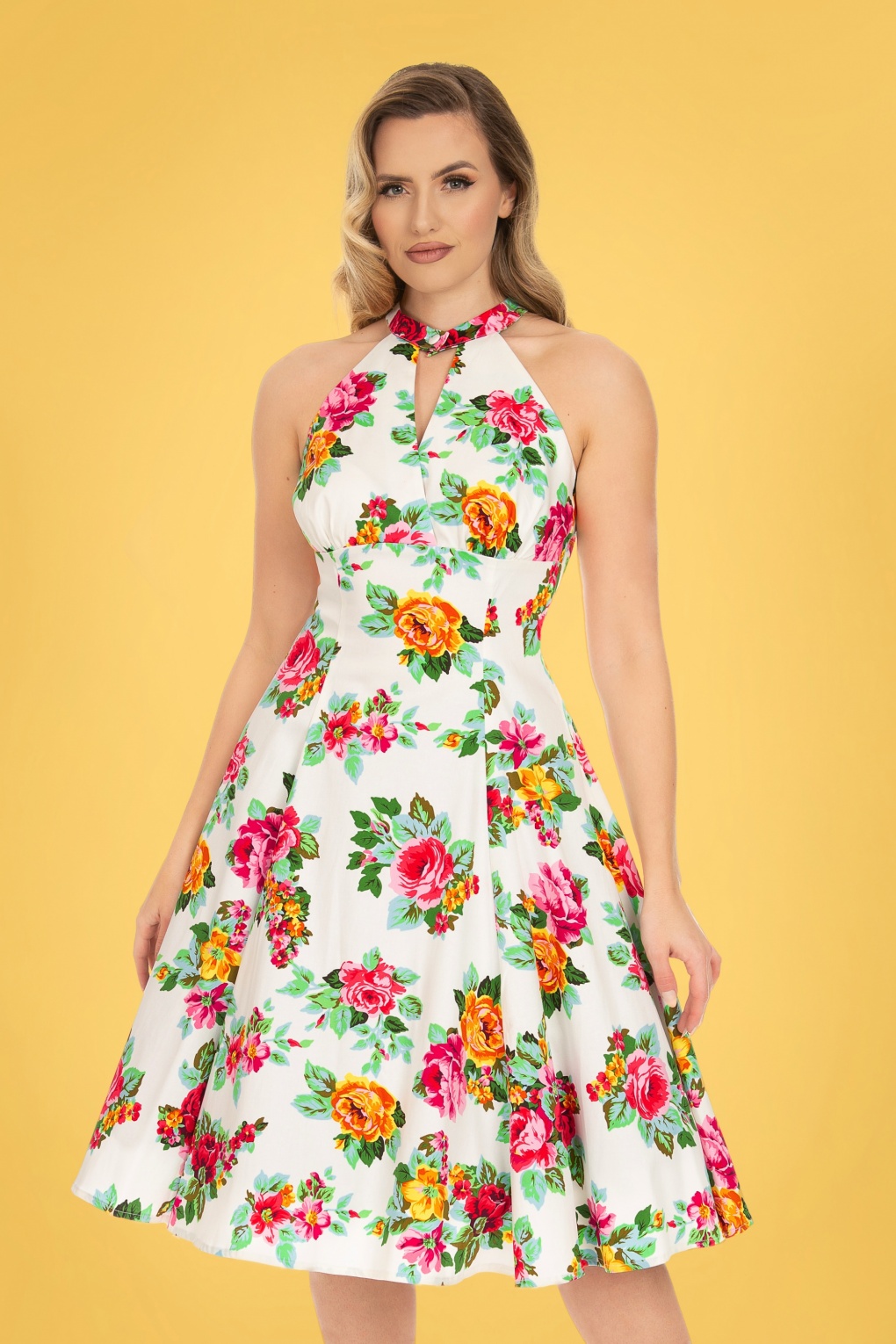 50s Fae Floral Swing Dress In White 2909