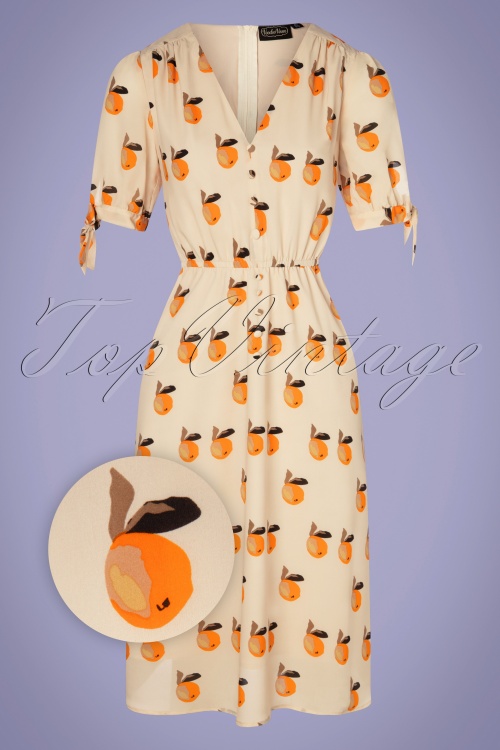 Vixen - Zaria Orange Print Swing Dress Années 60 en Écru