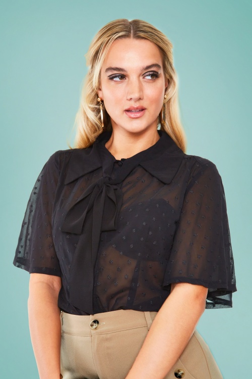 Vixen - 50s Heather Pussy Bow Blouse in Black 2