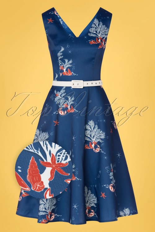Vixen - 50s Colbie Coral Flared Dress in Midnight Blue 2