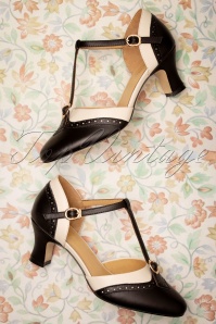 Charlie Stone - 50s Luxe Parisienne T-Strap Pumps in Black and Cream 2