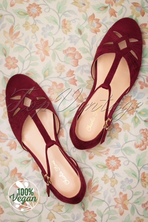 Charlie Stone - 50s London T-Strap Flats in Wine Red 2