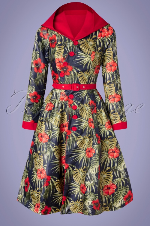 Miss Candyfloss - 50s Lorily Rose Swing Trenchcoat in Red and Floral 3