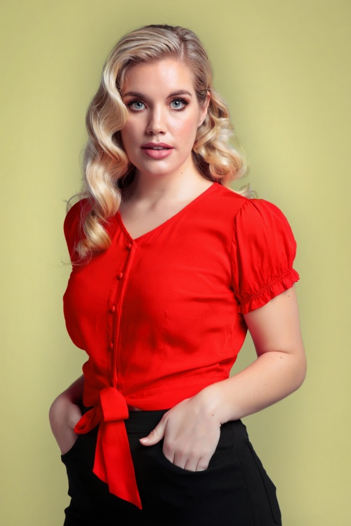 Collectif Clothing - 50s Misty Plain Tie Blouse in Red 2