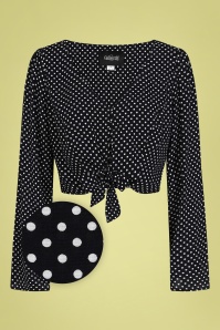 Collectif Clothing - 50s Holly Mini Polka Tie Blouse in Navy and White