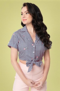 Unique Vintage - Shirley cropped gingham top in blauw 2
