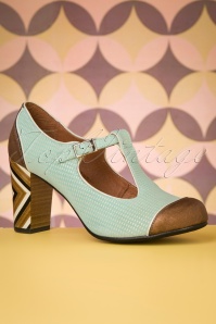 Nemonic - 60s Saten Leather T-Strap Pumps in Turquoise 3