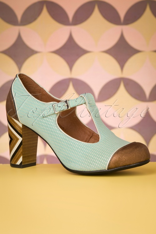Nemonic - 60s Saten Leather T-Strap Pumps in Turquoise 3