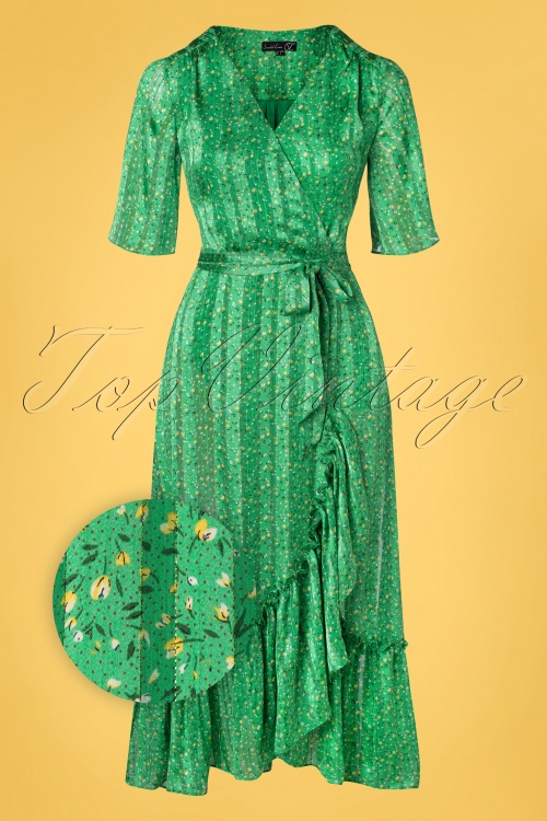 Smashed Lemon - 70s Leila Glitter Floral Maxi Dress in Green