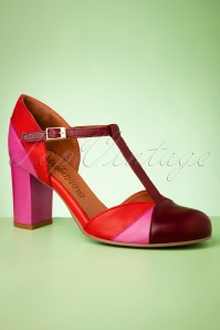 La Veintinueve - 60s Magnolia Leather T-Strap Pumps in Pink and Red 2