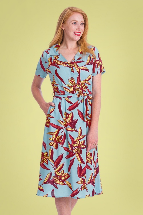 Banned Retro - 50s Tropical Days Swing Dress in Blue 2