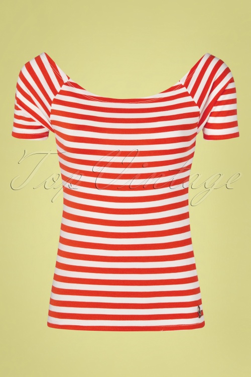 Queen Kerosin - U Boat Striped T-Shirt Années 50 en Orange Tango et Blanc