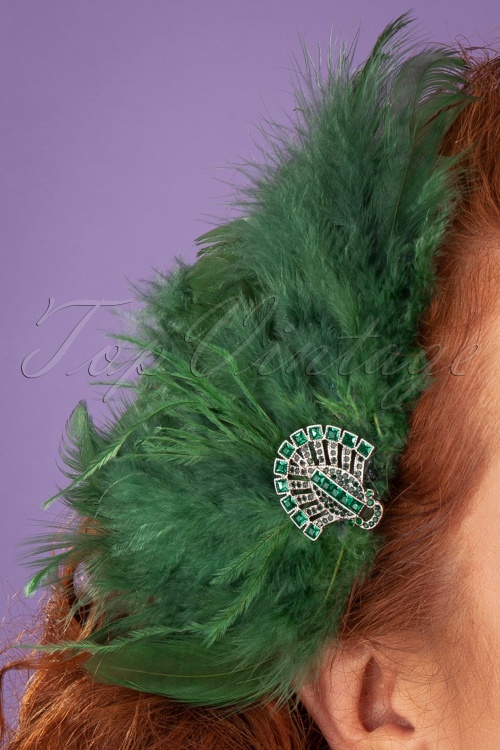 Lovely - Art Deco Crystal Hair Feather Années 20 en Émeraude et Argenté 2