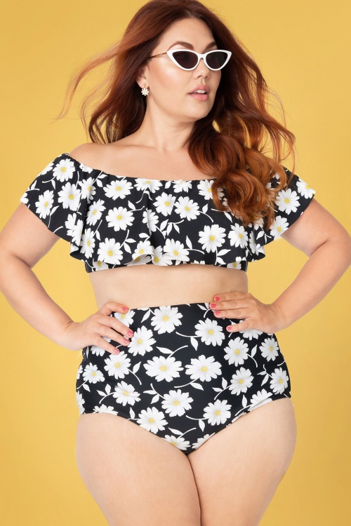 Unique Vintage - 50s Louise High Waist Floral Bikini Bottoms in Black and White 5