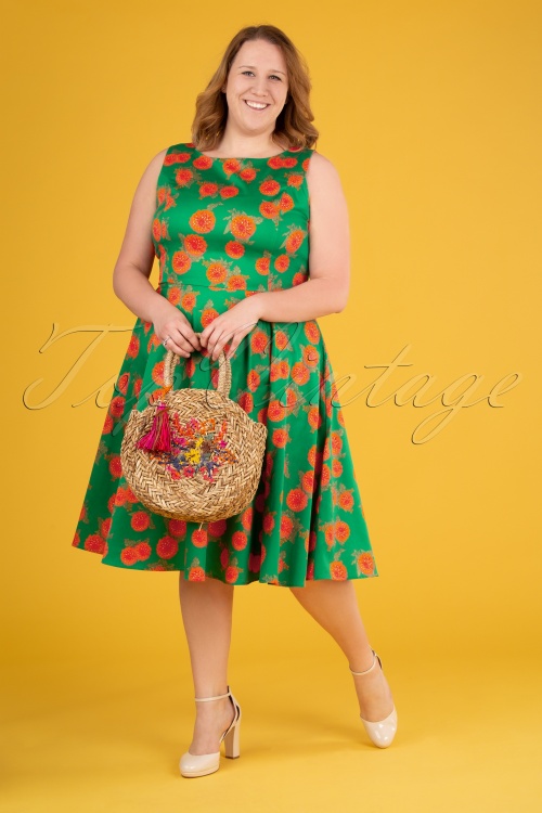 Topvintage Boutique Collection - Adriana swingjurk met bloemenprint in smaragdgroen 3