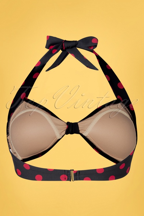Esther Williams - Klassiek polkadot bikinitopje in zwart en rood 3