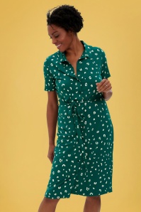 Sugarhill Brighton - 60s Lisa Leopard Jersey Shirt Dress in Green 2