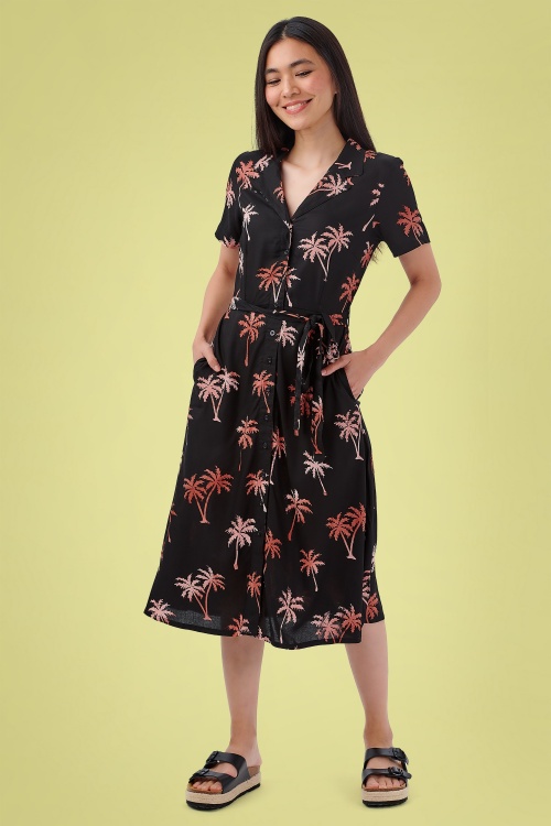 Sugarhill Brighton - Kendra Palm Tree Batik Shirt Dress Années 60 en Noir 2