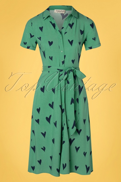 Sugarhill Brighton - Abby Hearts Shirt Dress Années 60 en Vert d'Eau