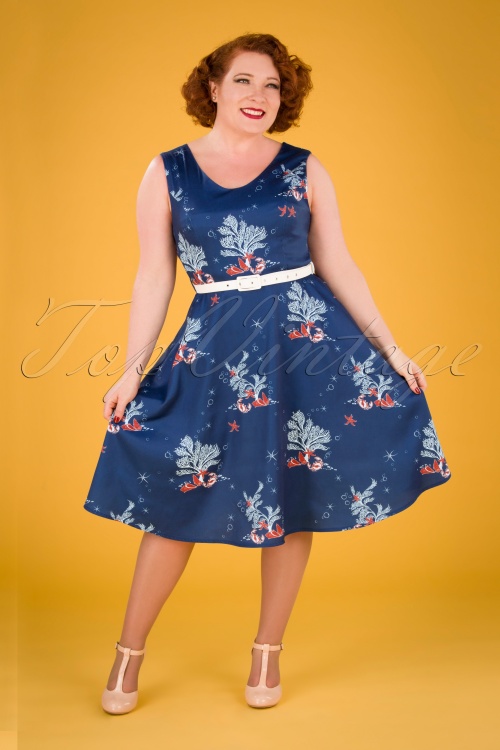 Vixen - 50s Colbie Coral Flared Dress in Midnight Blue