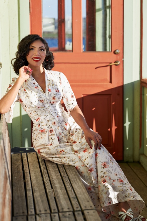 Miss Candyfloss - 50s Candy Floral Jumpsuit in Ivory White
