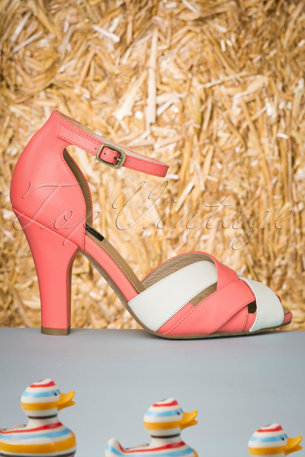 50s June Carnival Spectacular Peeptoe Pumps in Coral and Ivory
