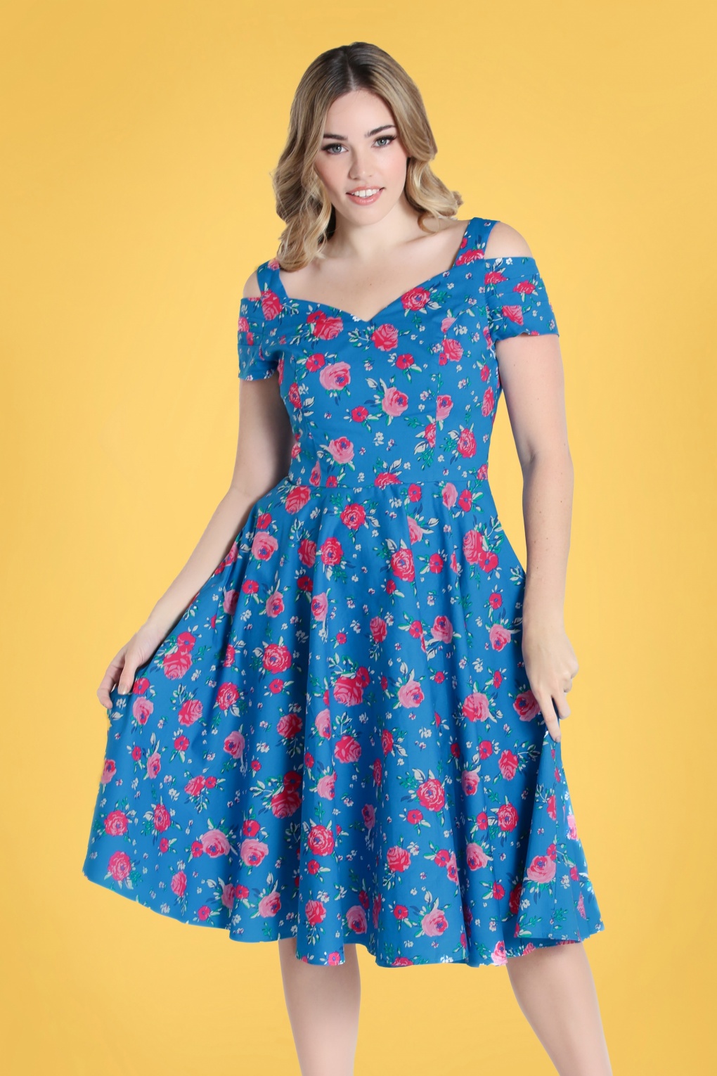 50s Chantilly Floral Swing Dress in Blue