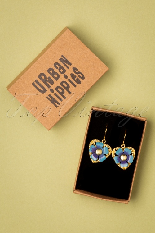 Urban Hippies - 70s Laska Flower Love Earrings in Gold and Blue